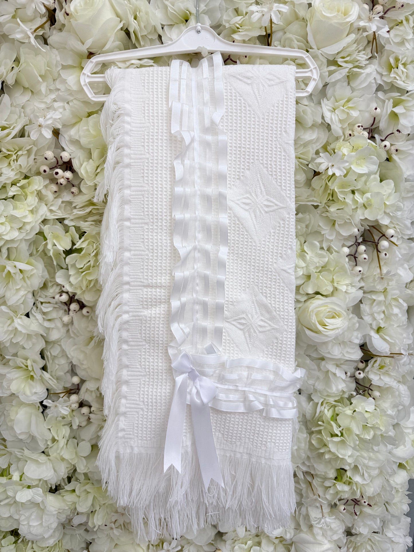 White Ribbon Christening Shawl