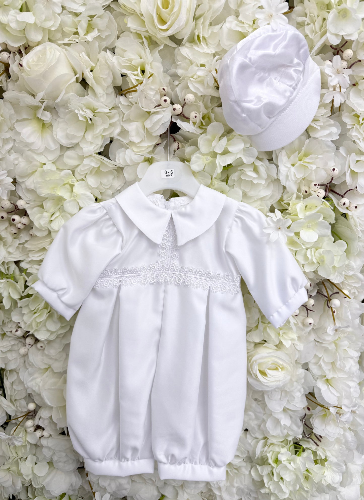 Long Sleeve Embroidered Christening Romper & Cap