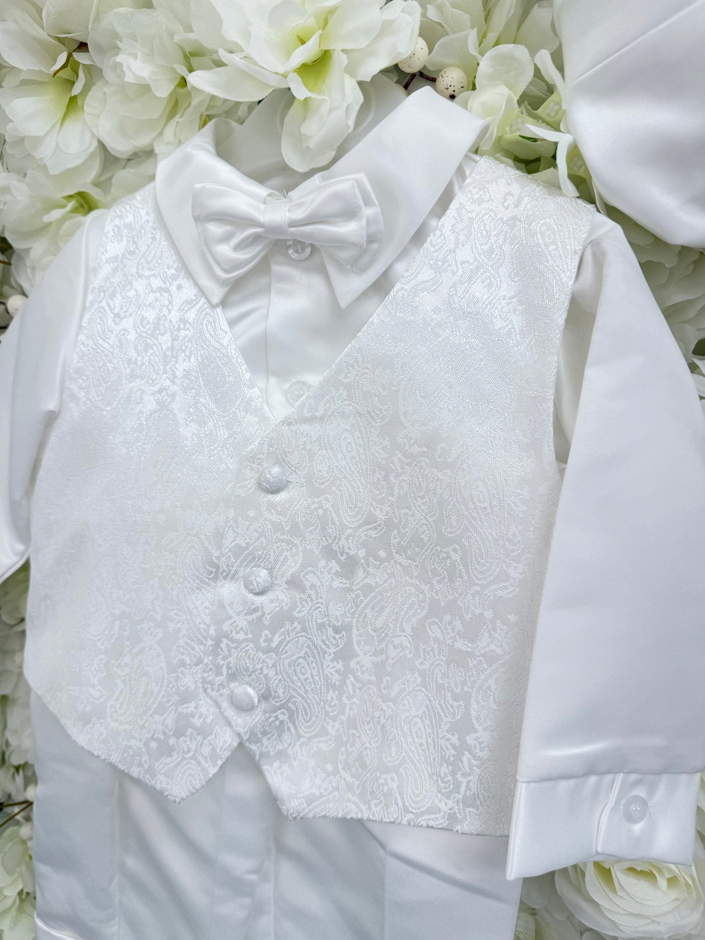 Boy Traditional Paisley Christening Suit & Cap - Ivory