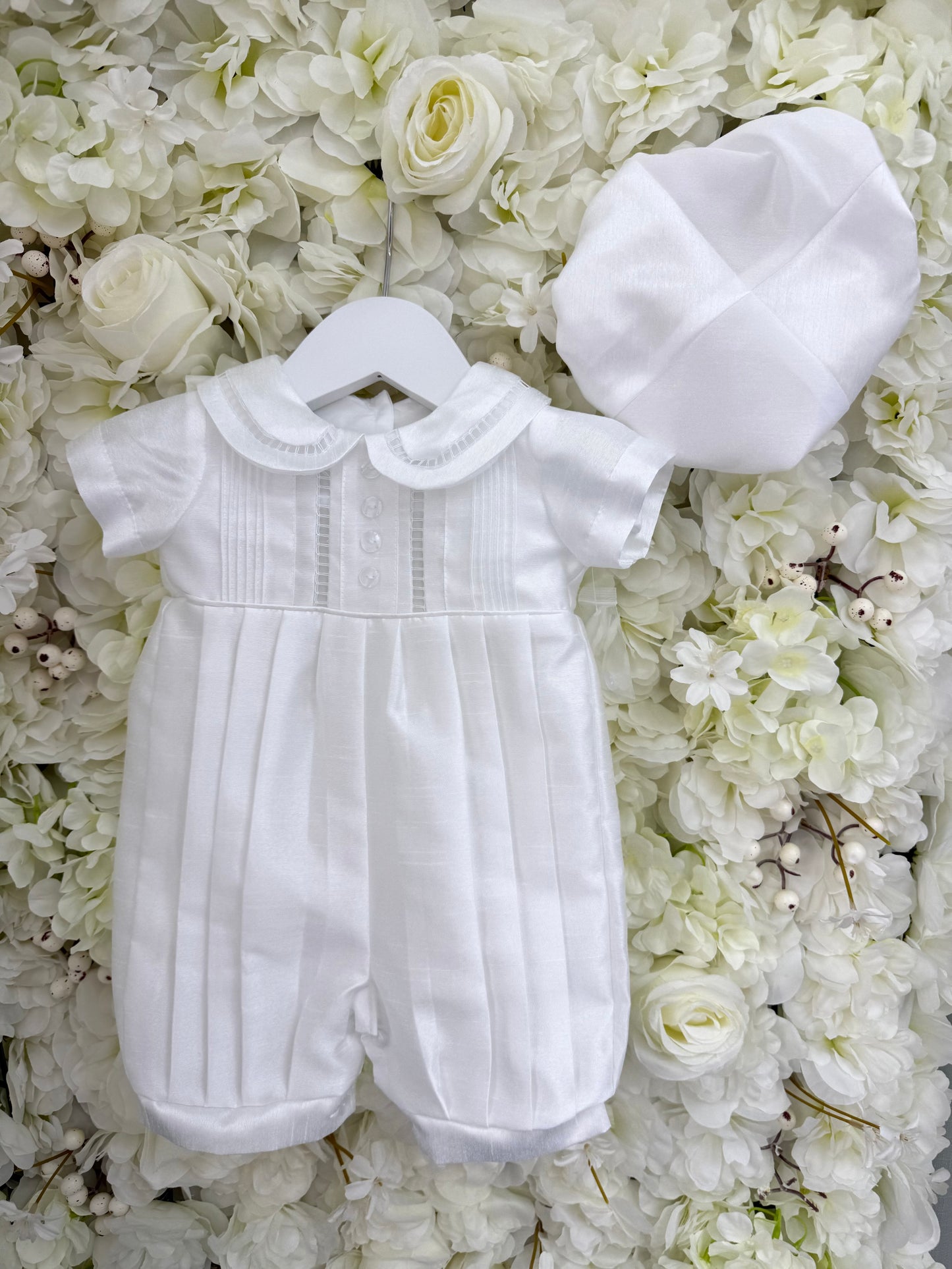 Button Detail Christening Romper & Cap