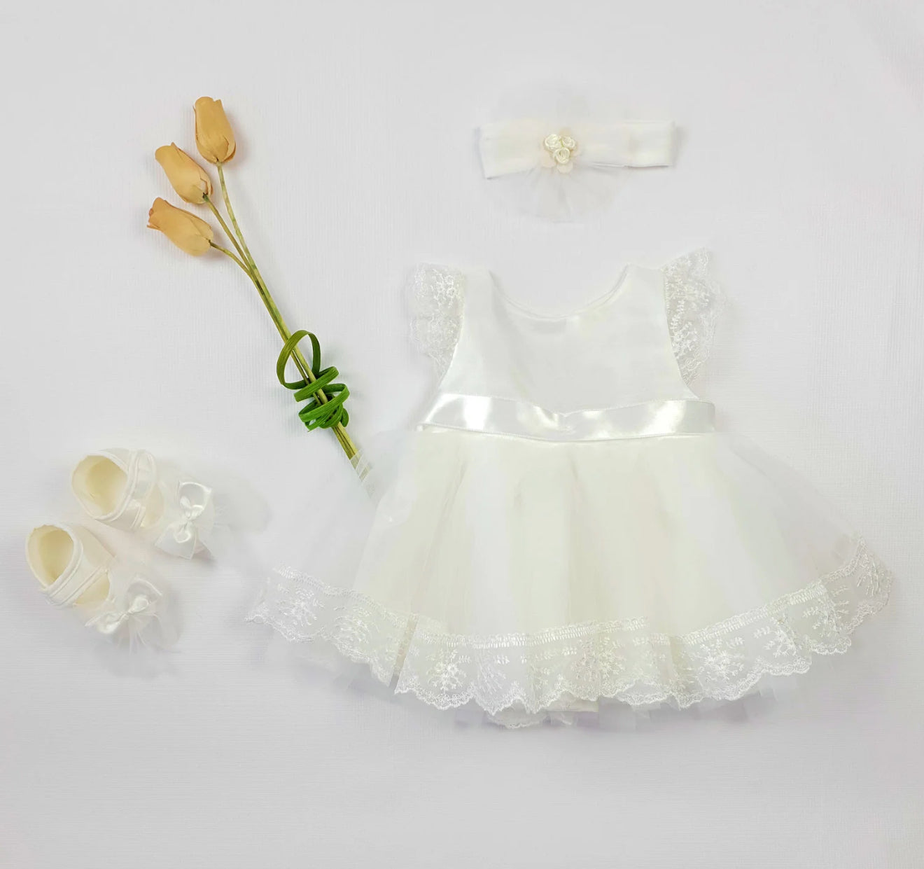Baby Ivory Embroidery Dress, Headband & Booties Set