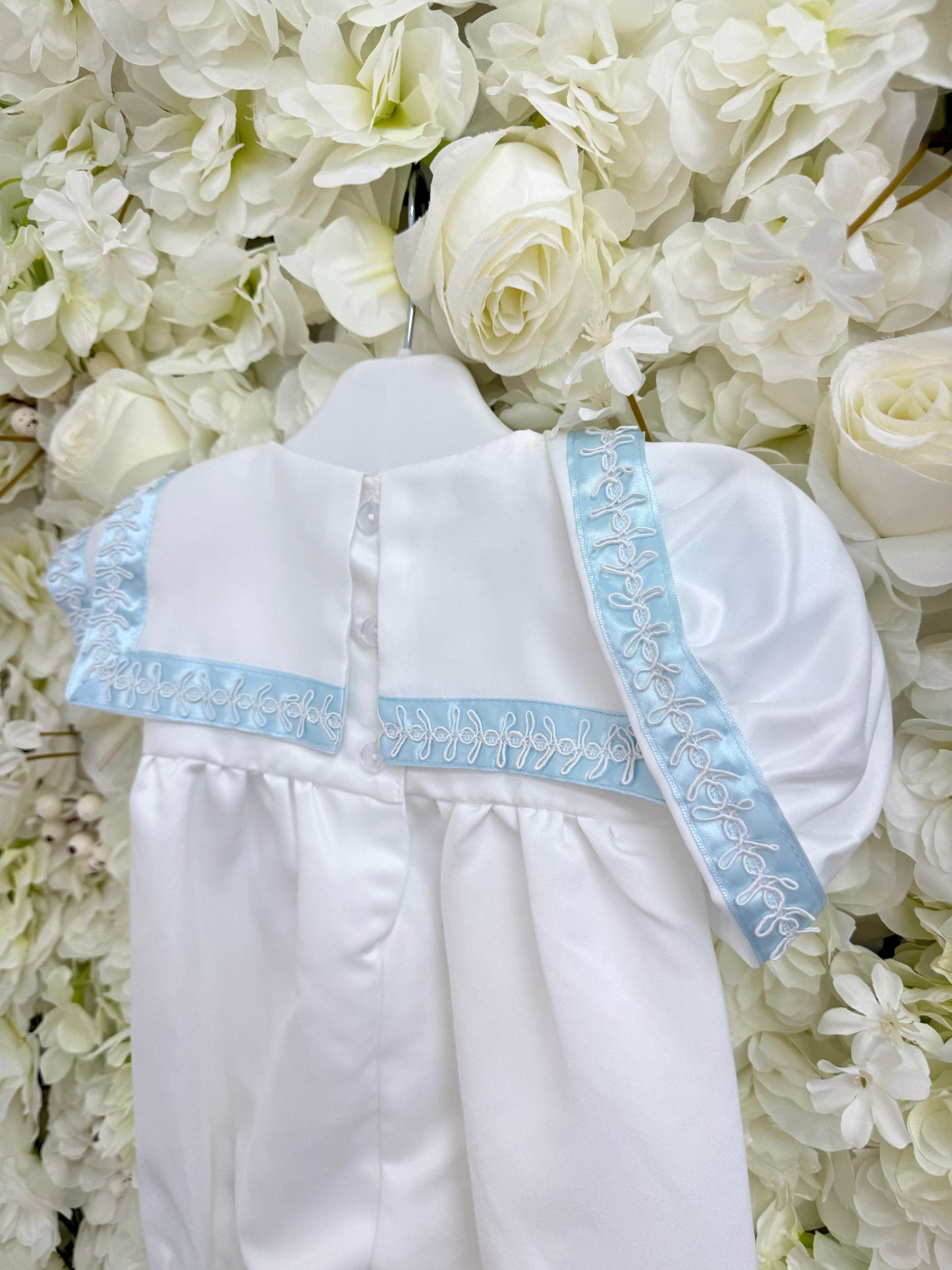 Ivory & Blue Trim Christening Romper & Cap