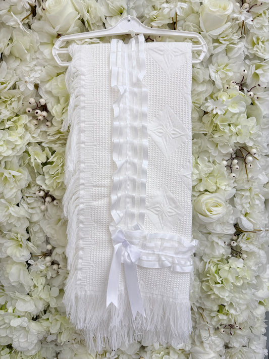 White Ribbon Christening Shawl
