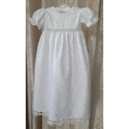 Embroidered Diamonte Band Christening Gown & Bonnet