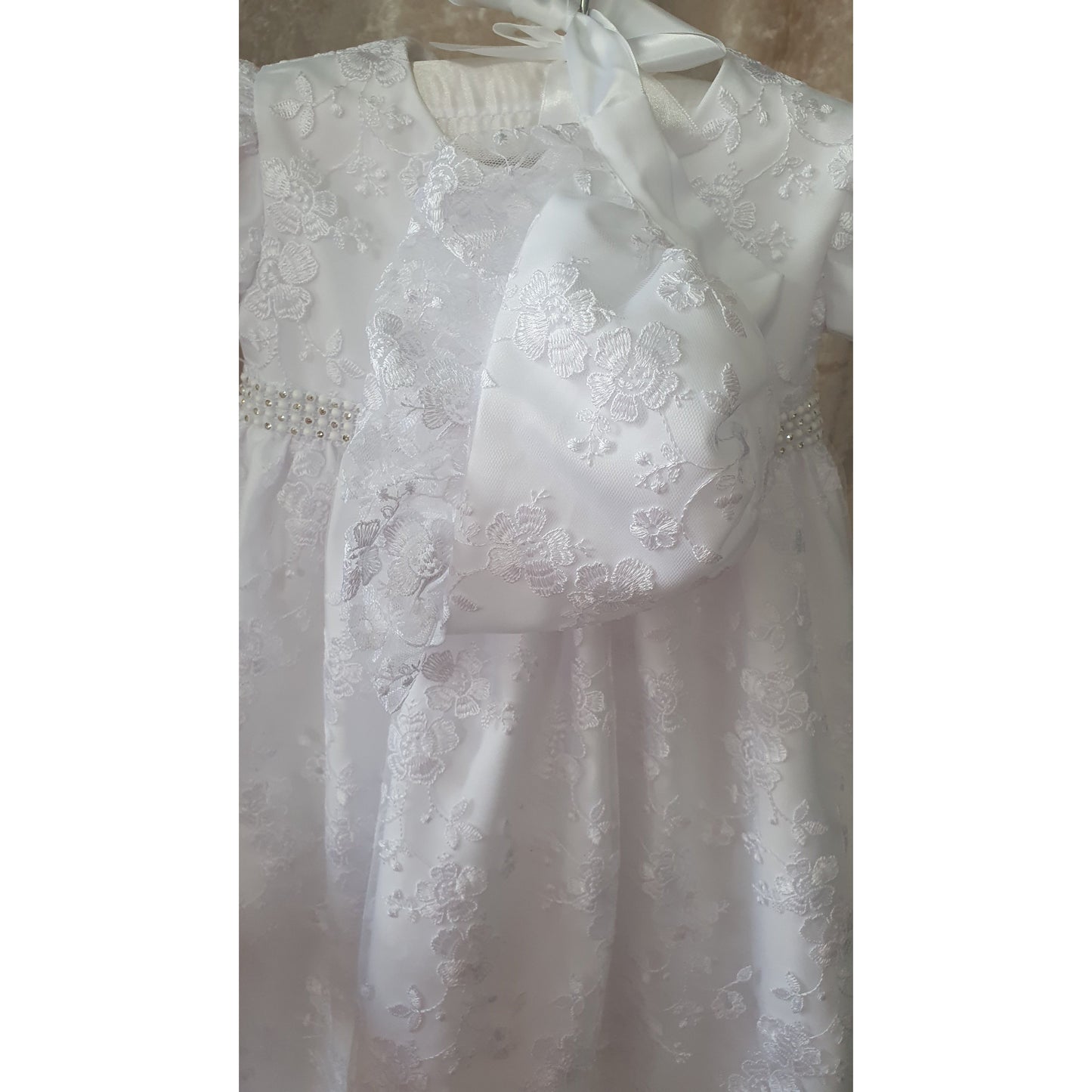 Embroidered Diamonte Band Christening Gown & Bonnet