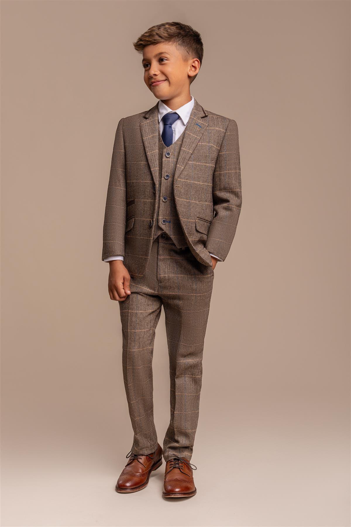 Cavani Albert Brown Tweed Check Boys Suit