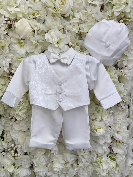 Boy Traditional Paisley Christening Suit & Cap - White