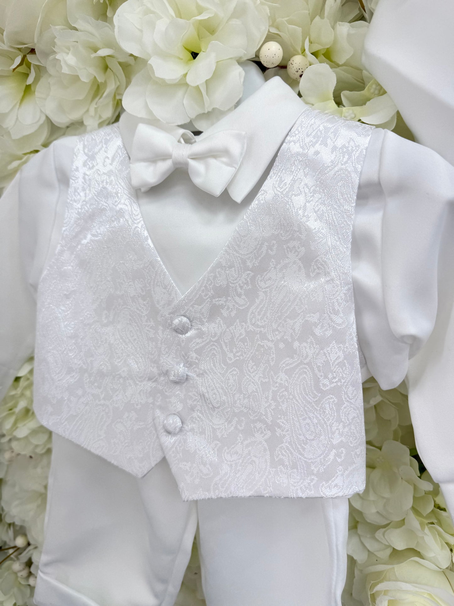 Boy Traditional Paisley Christening Suit & Cap - White