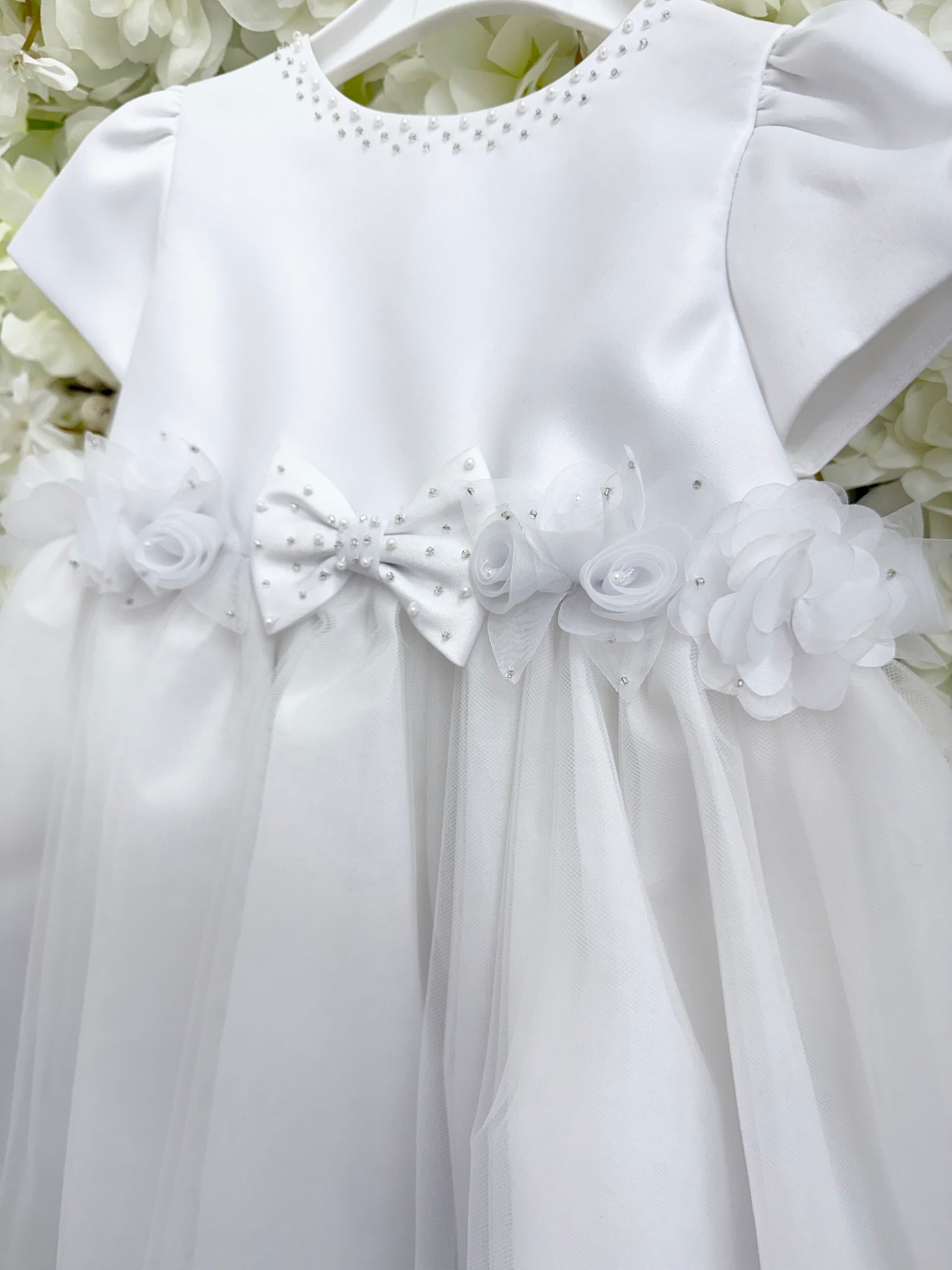 Sarah Louise White Pearl Flower & Bow Dress