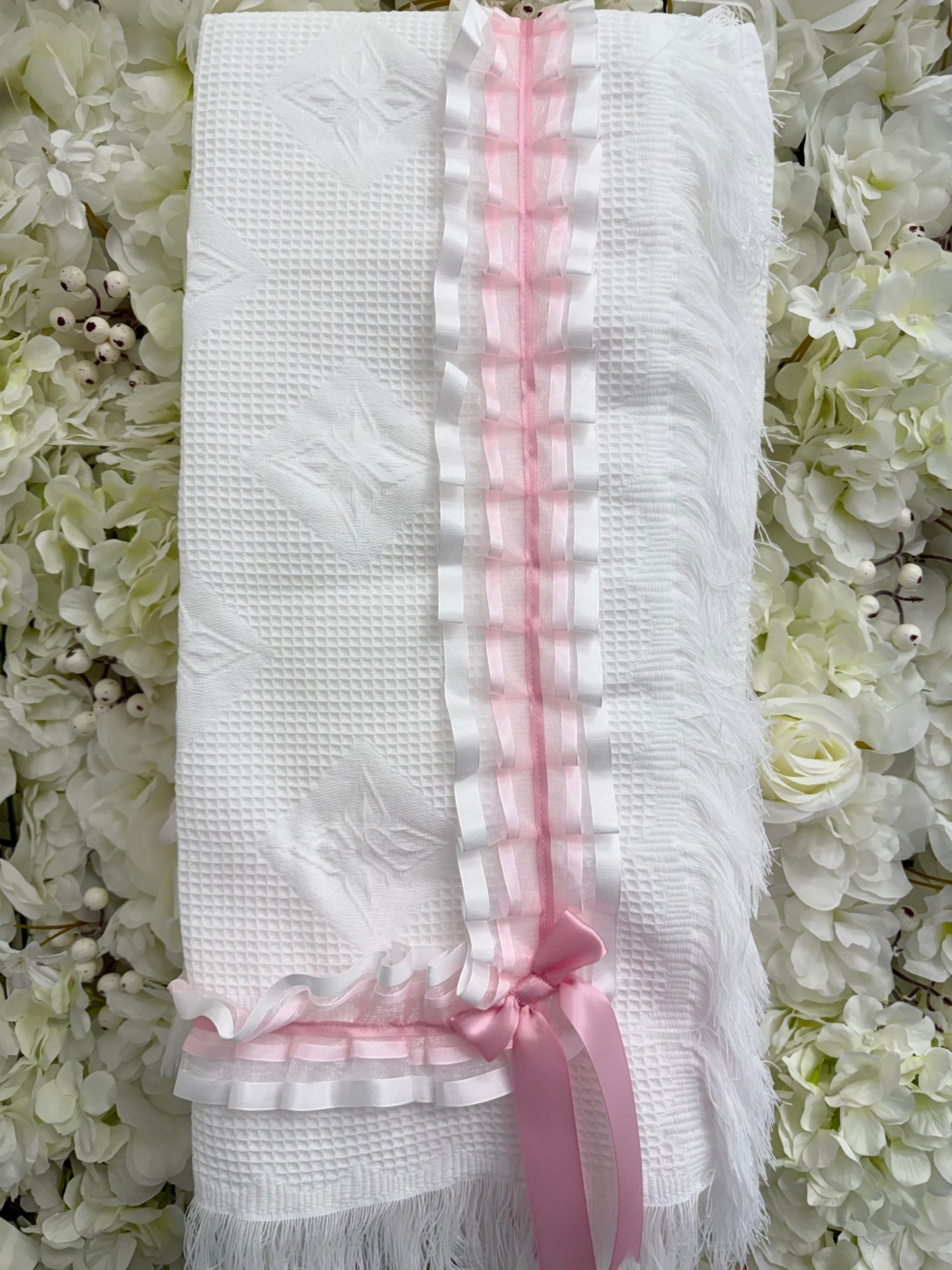 Pink Ribbon Christening Shawl