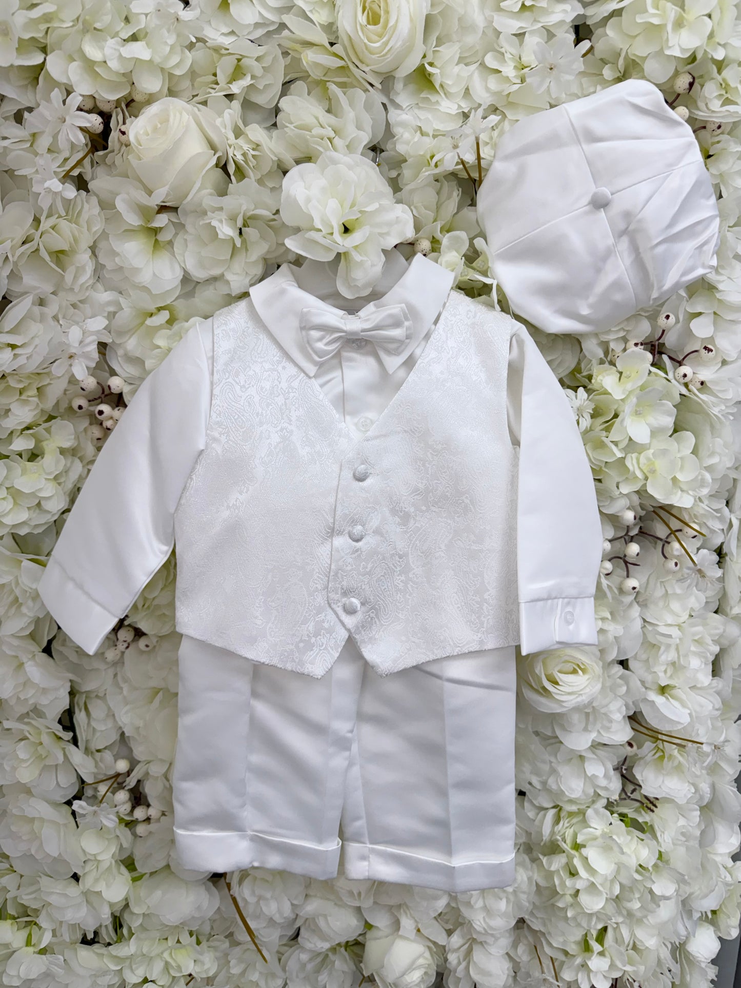 Boy Traditional Paisley Christening Suit & Cap - Ivory