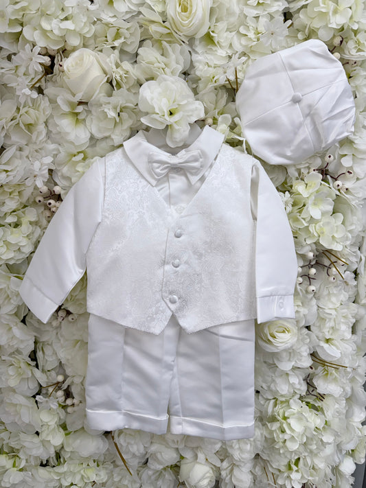 Boy Traditional Paisley Christening Suit & Cap - Ivory