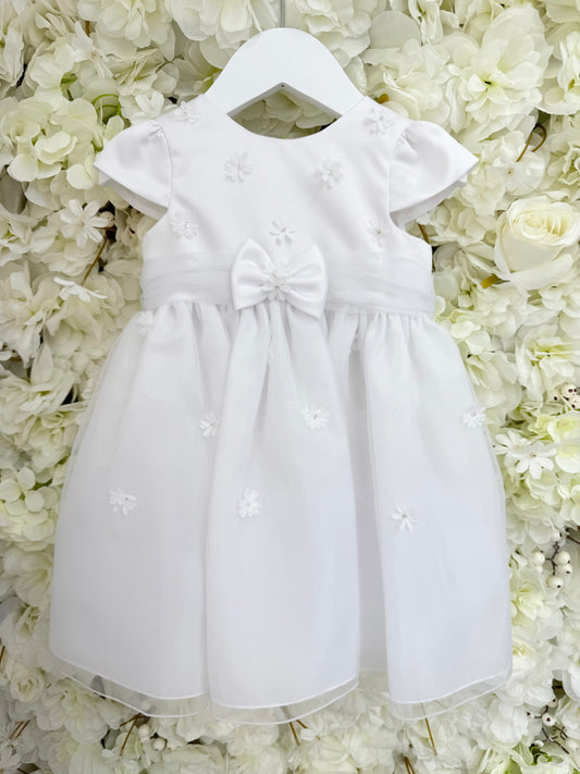 Sarah Louise Flower & Bow Baby Occasion Dress - White