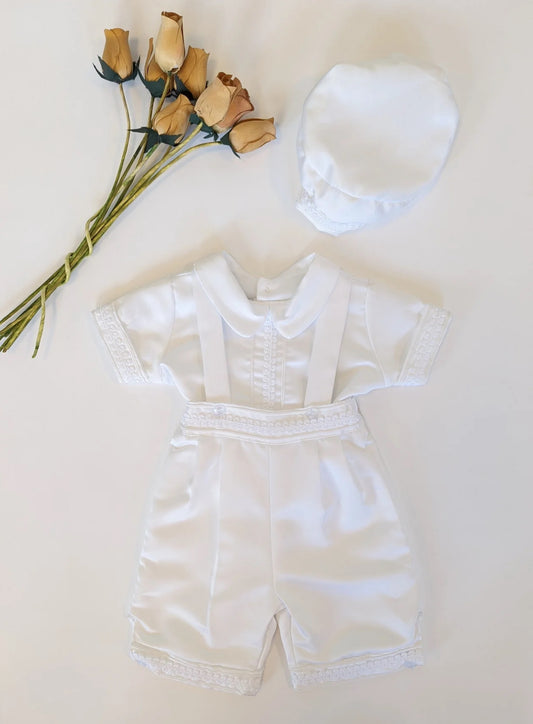 Baby Boy Dungaree Christening Romper & Cap