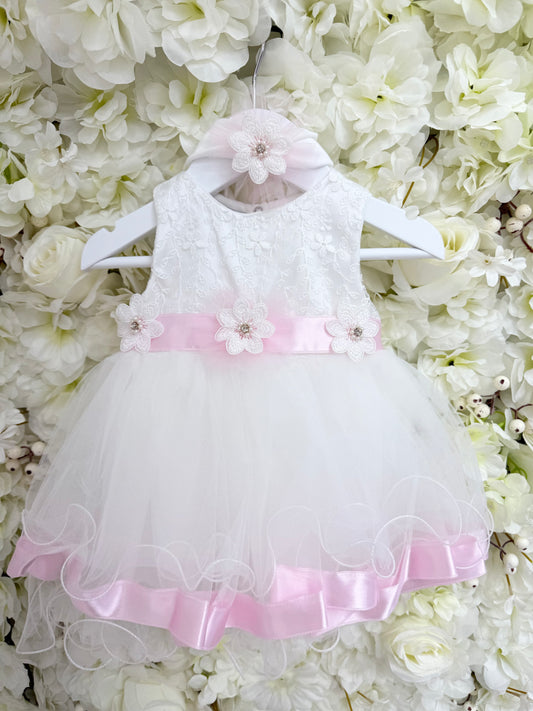 Baby White Flower & Pink Trim Occasion Dress & Headband