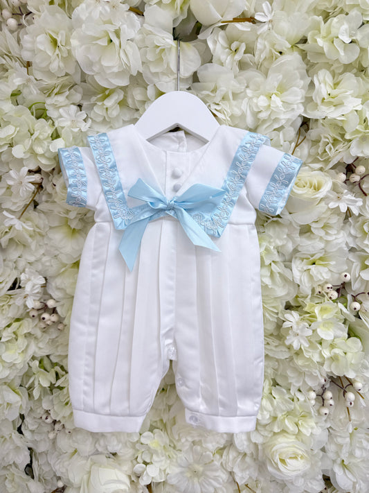 Ivory & Blue Trim Christening Romper & Cap