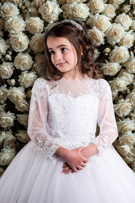 Exclusive Rosa Flower Long Sleeve Communion Dress