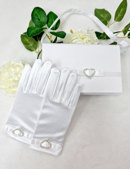 Diamonte Heart Communion Gloves & Bag Set