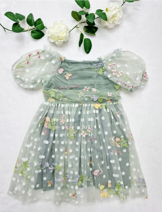 Sage Embroidered Flower Dress