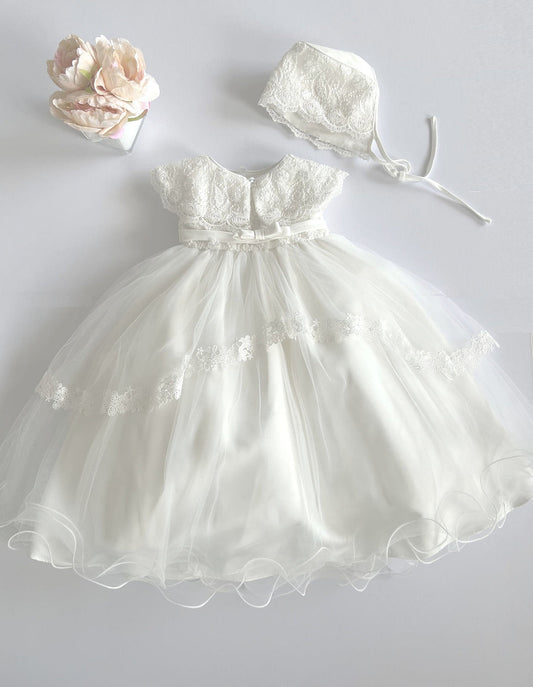 Baby Girl Ivory Christening Lace & Bow Gown with Cape & Bonnet